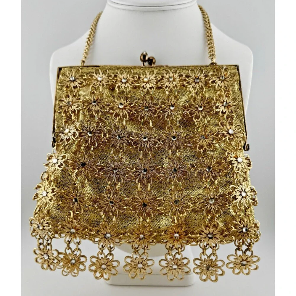 Vintage Made in Japan Gold Filigree Evening Bag Rhinestone Kiss Lock Purse